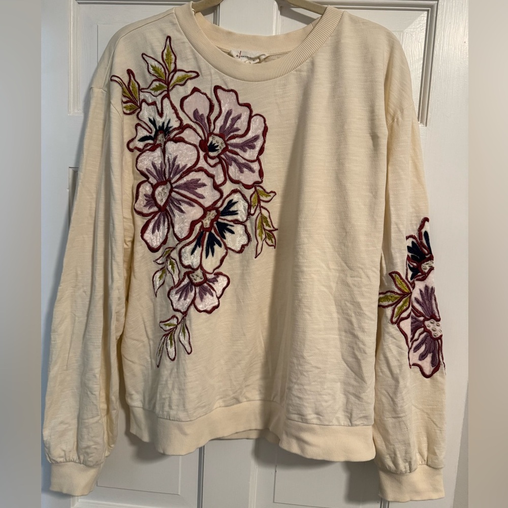 Anthropologie Cream Floral Embroidered Sweatshirt